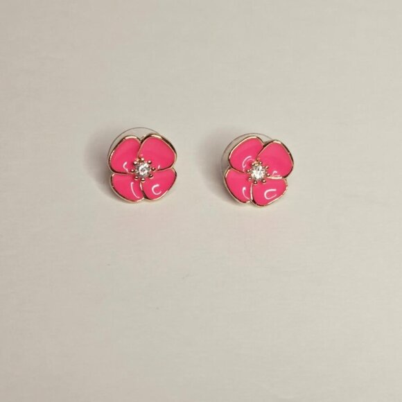 Kate Spade Pink Flower Enamel Gold Tone Crystal Center Stud Earrings - Picture 4 of 5